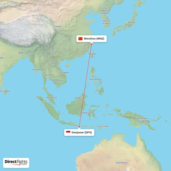 Denpasar - Wenzhou direct flight map
