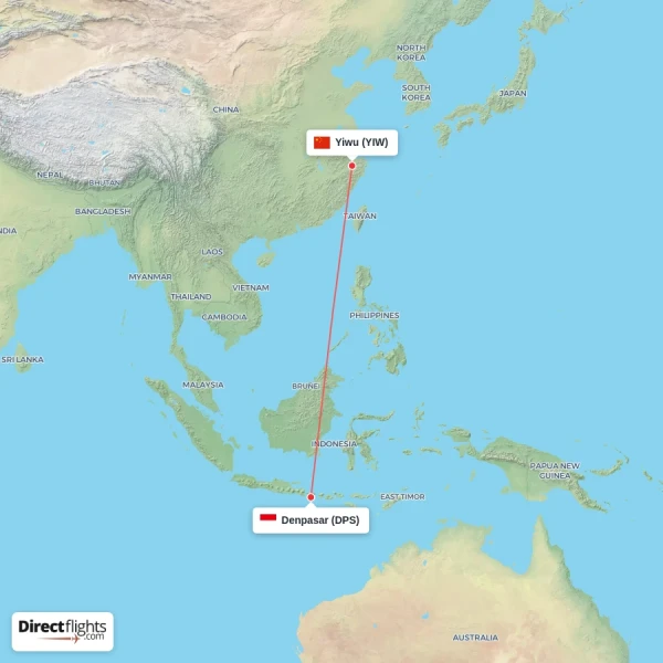 Denpasar - Yiwu direct flight map