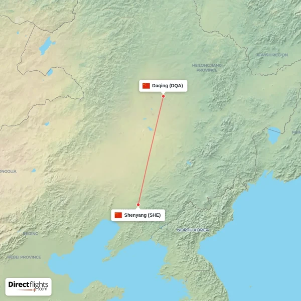 Daqing - Shenyang direct flight map
