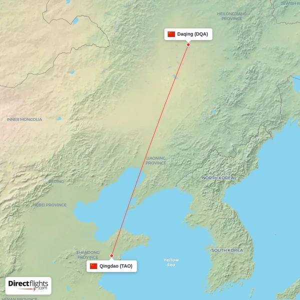 Daqing - Qingdao direct flight map