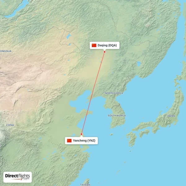 Daqing - Yancheng direct flight map