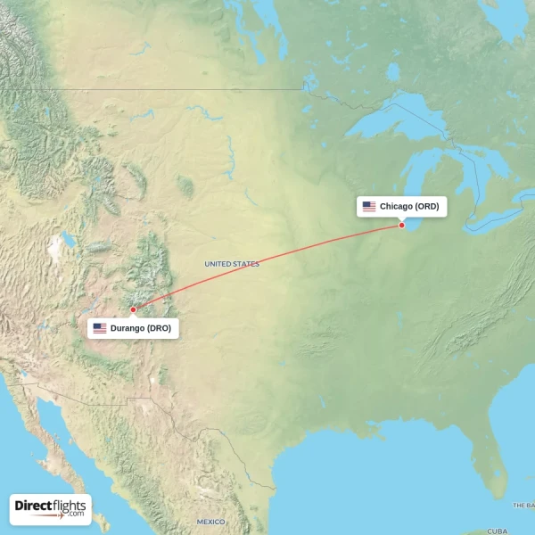 Durango - Chicago direct flight map