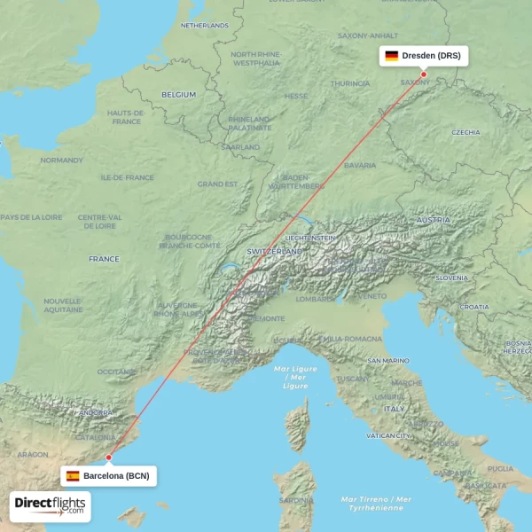 Dresden - Barcelona direct flight map