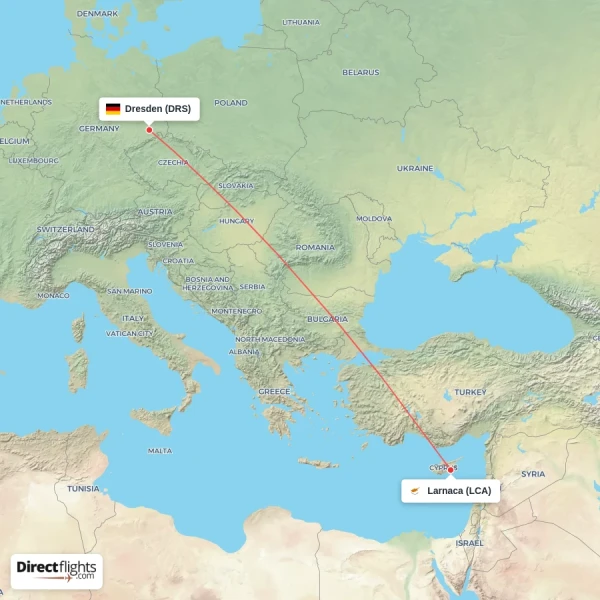 Dresden - Larnaca direct flight map