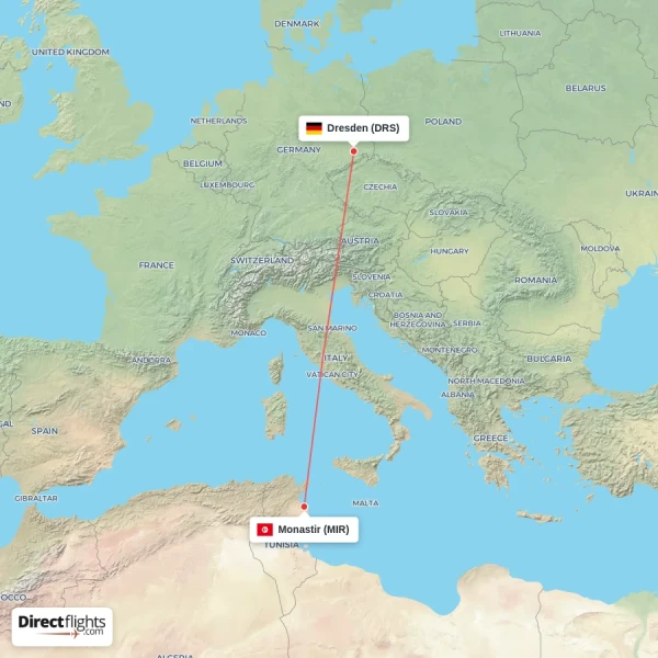 Dresden - Monastir direct flight map