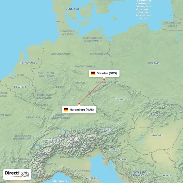 Dresden - Nuremberg direct flight map