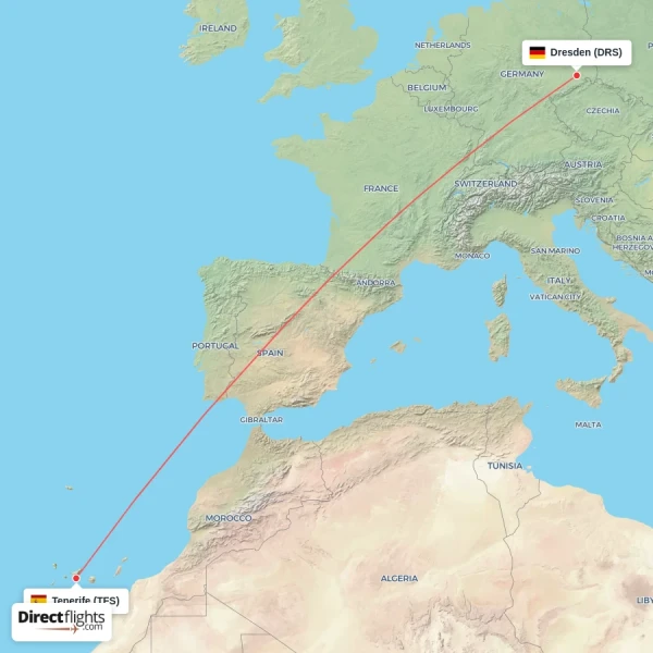 Dresden - Tenerife direct flight map