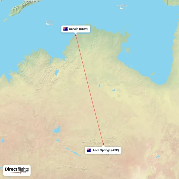 Darwin - Alice Springs direct flight map