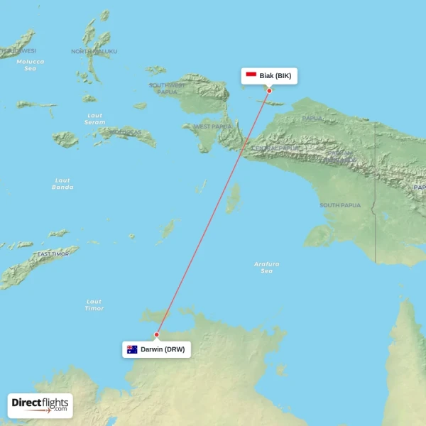 Darwin - Biak direct flight map