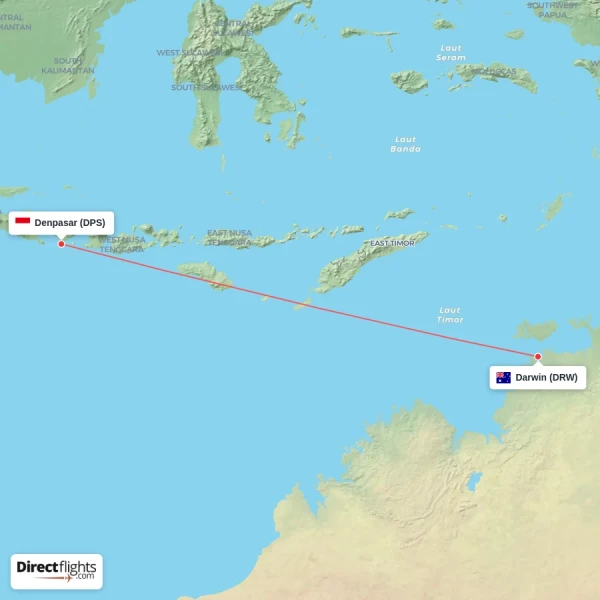 Darwin - Denpasar direct flight map