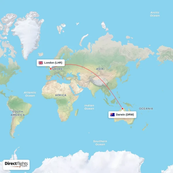 Darwin - London direct flight map