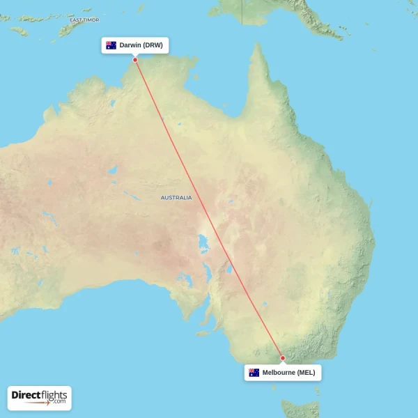Darwin - Melbourne direct flight map