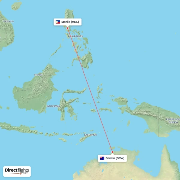 Darwin - Manila direct flight map