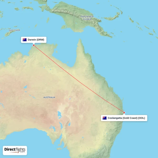 Darwin - Coolangatta (Gold Coast) direct flight map