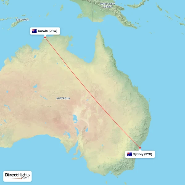 Darwin - Sydney direct flight map