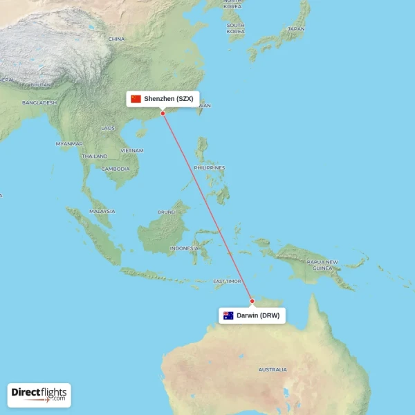 Darwin - Shenzhen direct flight map