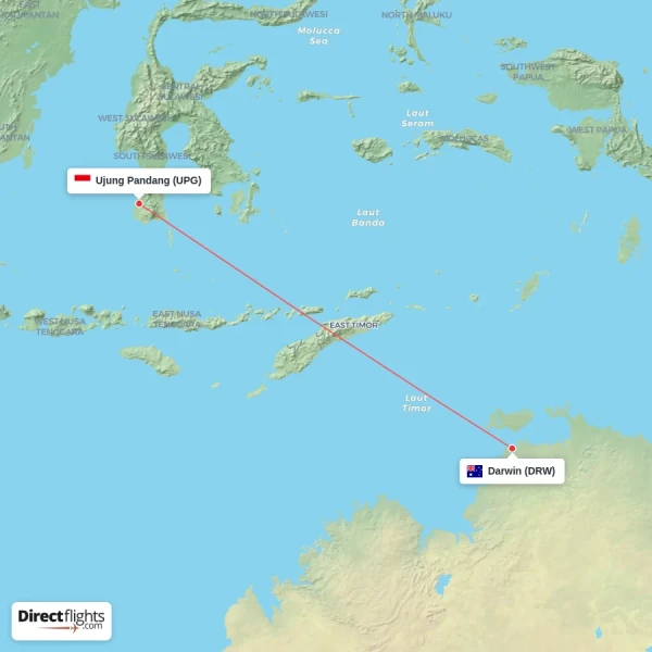 Darwin - Ujung Pandang direct flight map
