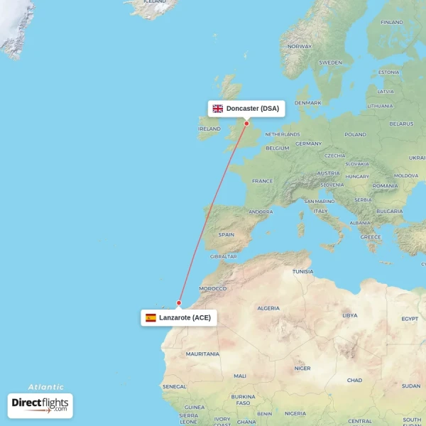 Doncaster - Lanzarote direct flight map