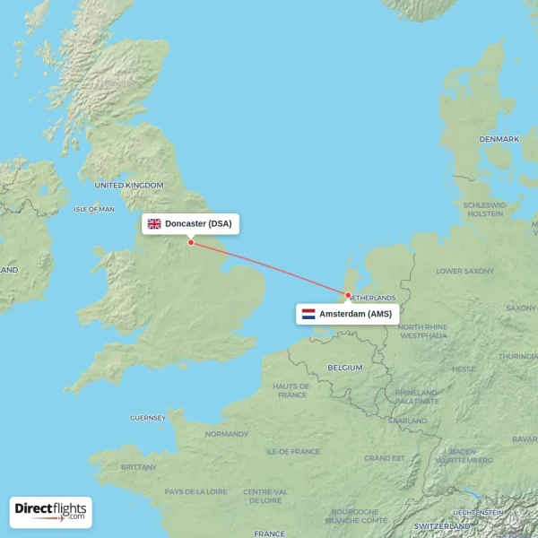 Doncaster - Amsterdam direct flight map