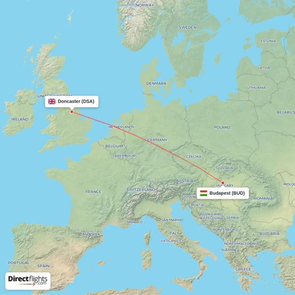 Doncaster - Budapest direct flight map