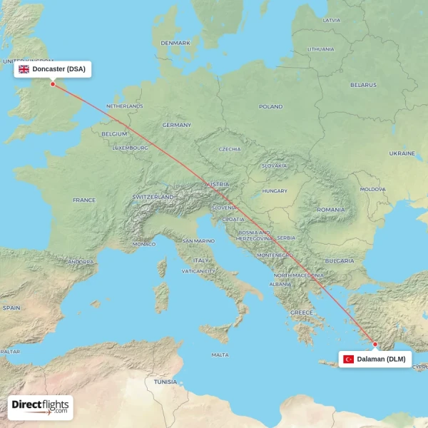 Doncaster - Dalaman direct flight map