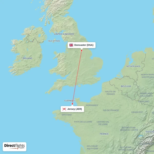 Doncaster - Jersey direct flight map