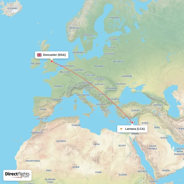 Doncaster - Larnaca direct flight map