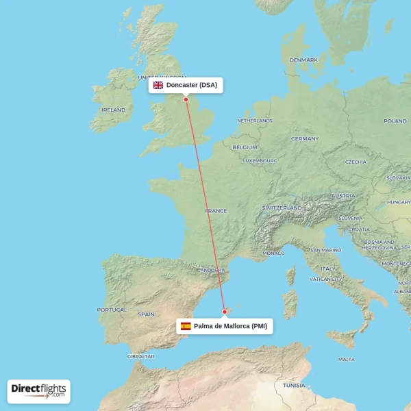 Doncaster - Palma de Mallorca direct flight map