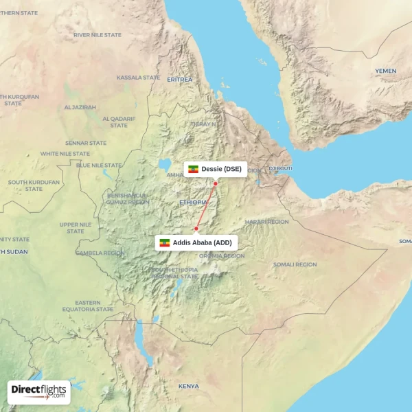 Dessie - Addis Ababa direct flight map