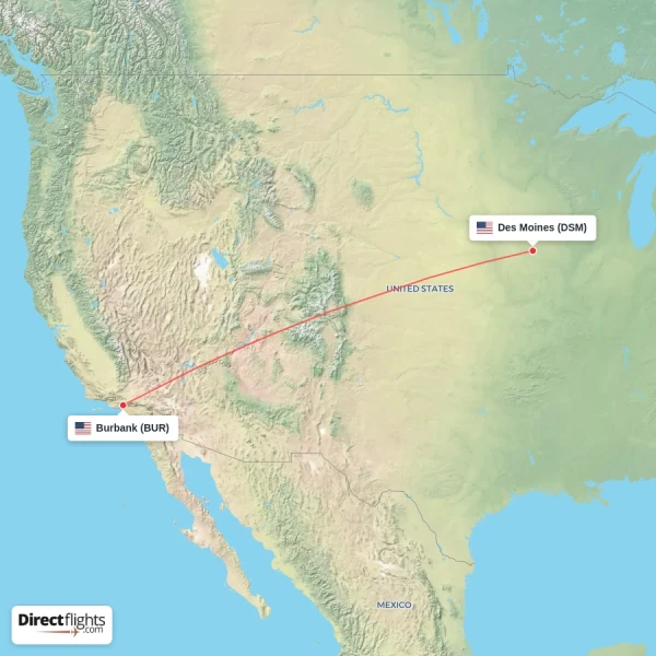 Des Moines - Burbank direct flight map