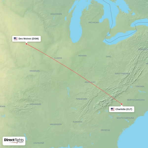 Des Moines - Charlotte direct flight map