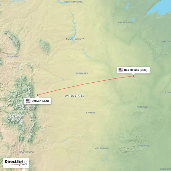 Des Moines - Denver direct flight map