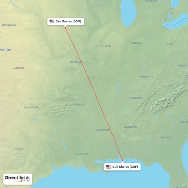 Des Moines - Gulf Shores direct flight map