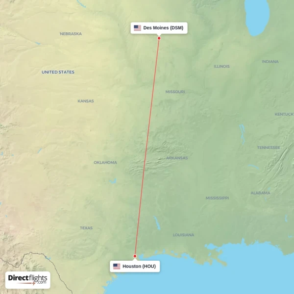 Des Moines - Houston direct flight map