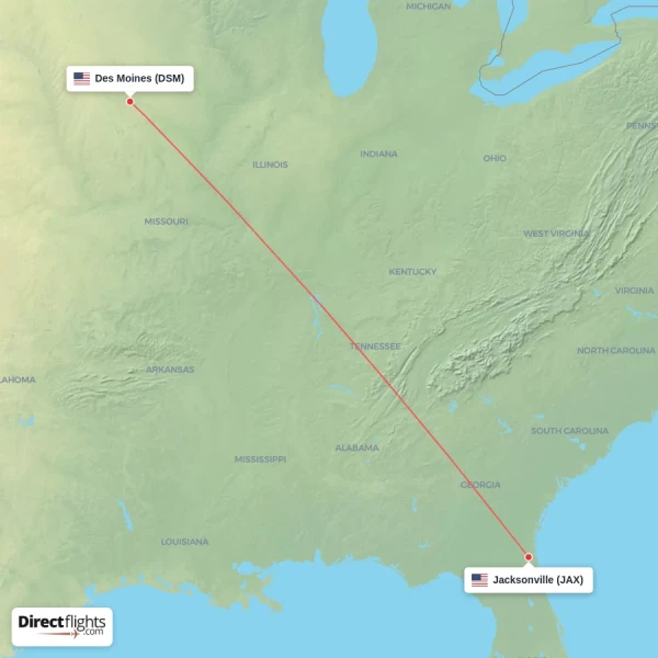 Des Moines - Jacksonville direct flight map