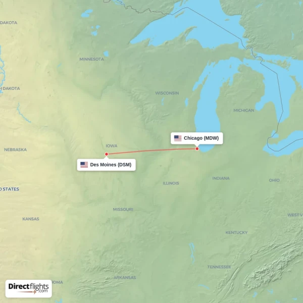 Des Moines - Chicago direct flight map