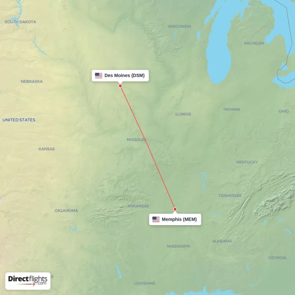 Des Moines - Memphis direct flight map