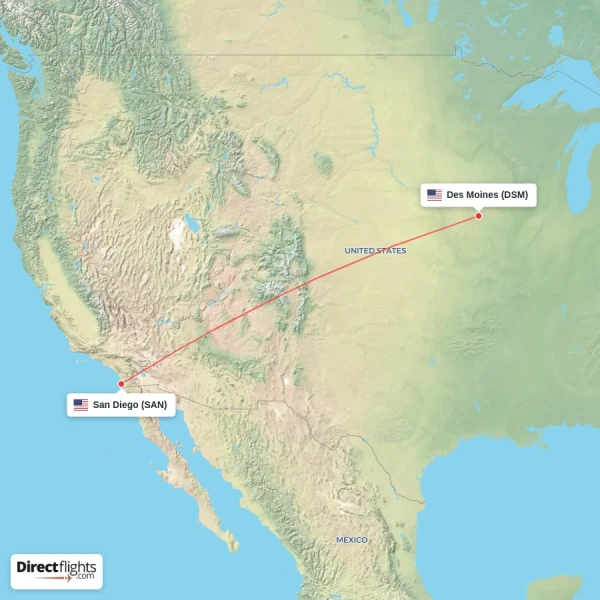 Des Moines - San Diego direct flight map