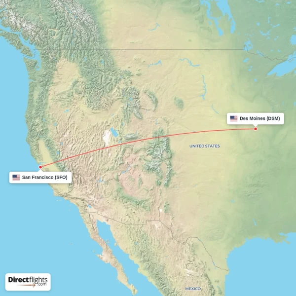 Des Moines - San Francisco direct flight map