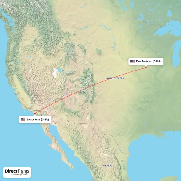 Des Moines - Santa Ana direct flight map