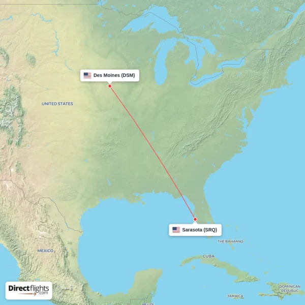 Des Moines - Sarasota direct flight map