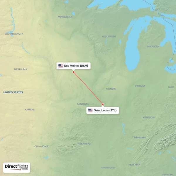 Des Moines - Saint Louis direct flight map
