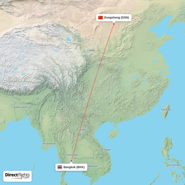 Dongsheng - Bangkok direct flight map