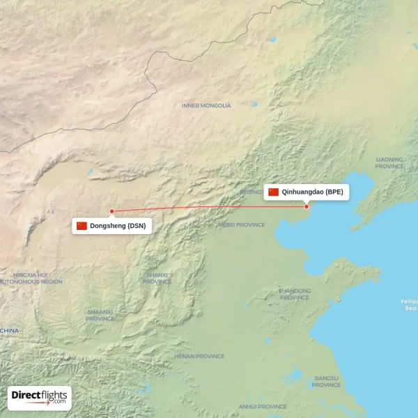 Dongsheng - Qinhuangdao direct flight map