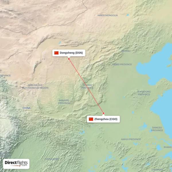 Dongsheng - Zhengzhou direct flight map