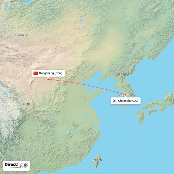 Dongsheng - Cheongju direct flight map