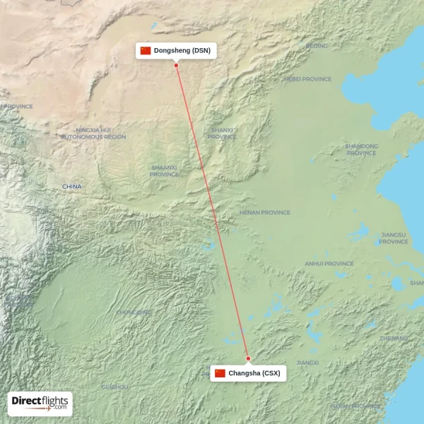 Dongsheng - Changsha direct flight map