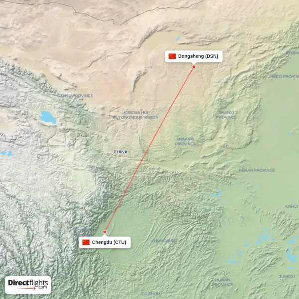 Dongsheng - Chengdu direct flight map