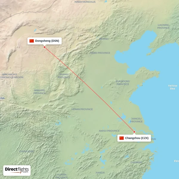 Dongsheng - Changzhou direct flight map
