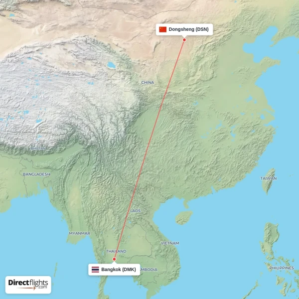 Dongsheng - Bangkok direct flight map